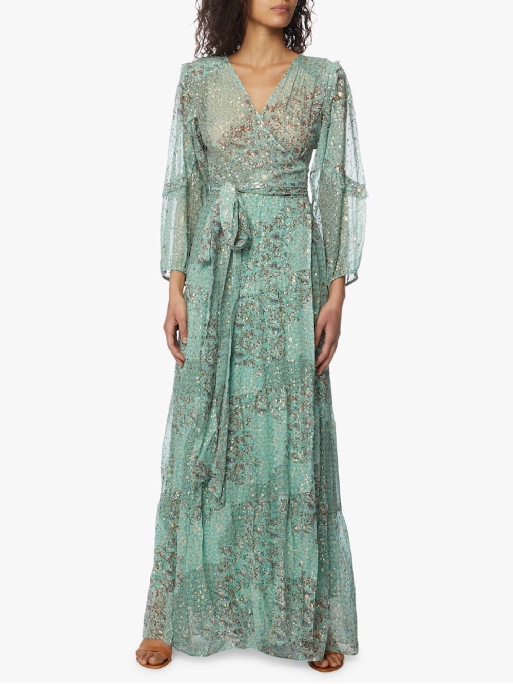 ba&sh Mint Green Floral Metallic Wrap Maxi Dress